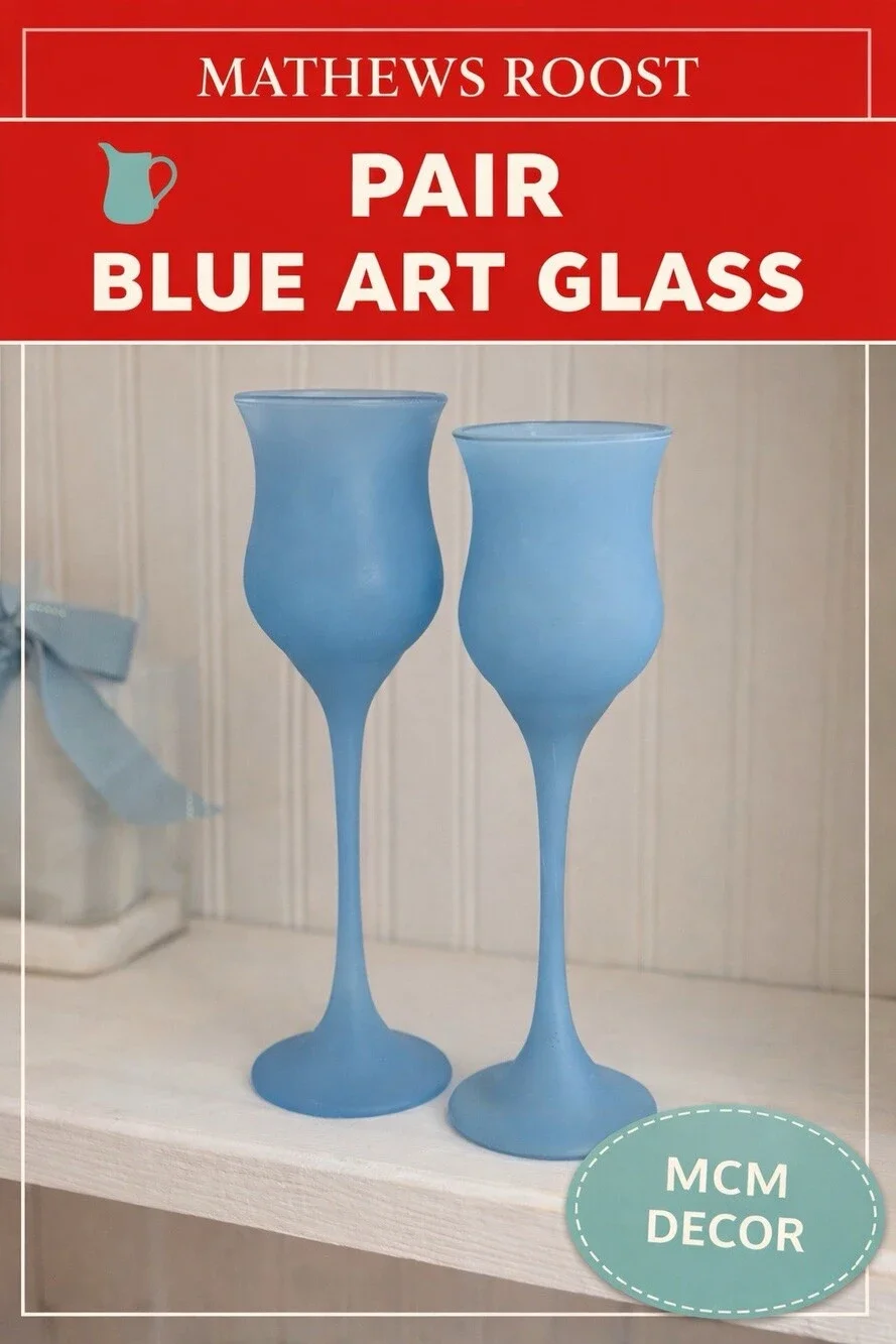 Vintage Frosted Satin Blue Glass Cordial Goblets Bud Vases Pair MCM